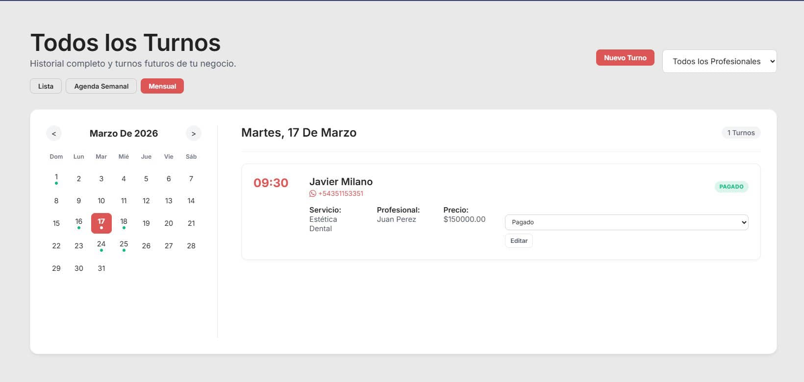 Agenda mensual dentro del panel de FLAP