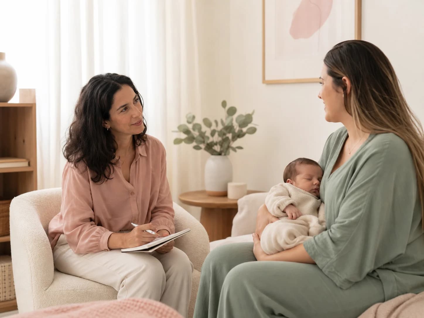 Puericultora conversando con una madre que sostiene a su bebé